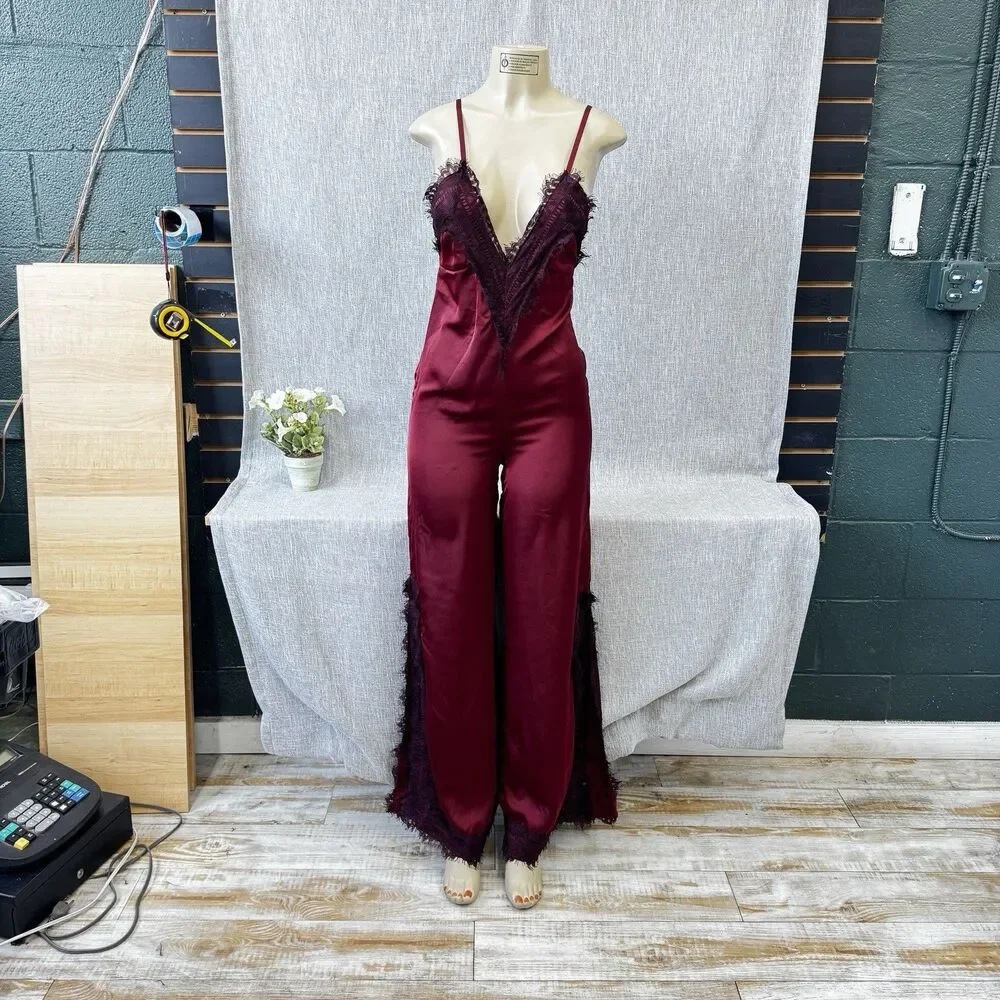 Nasty Gal Burgundy Satin Wide Leg Jumpsuit Lace Trim PTP 16 Open Back XXS Slit - Picture 5 of 16